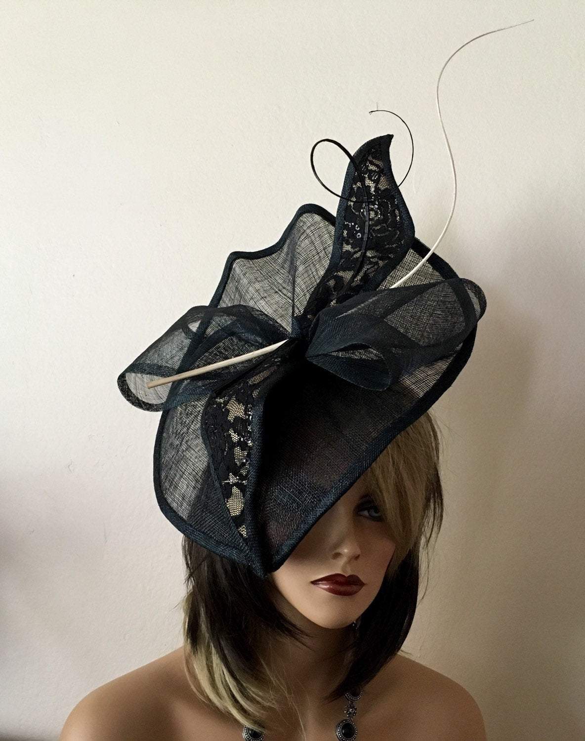 Black and  beige fascinator. Kentucky Derby hat. Black hat for Royal Ascot, wedding. Couture hat