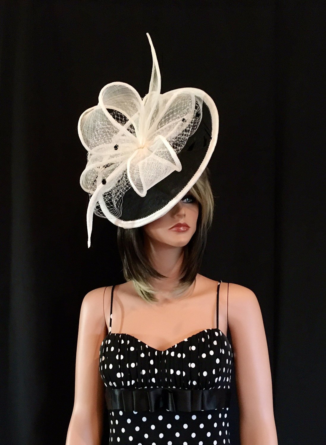 2017 collection.Black and white  fascinator. Kentucky Derby hat. Royal Ascot ivory fascinator. Fascinator for church, wedding, races
