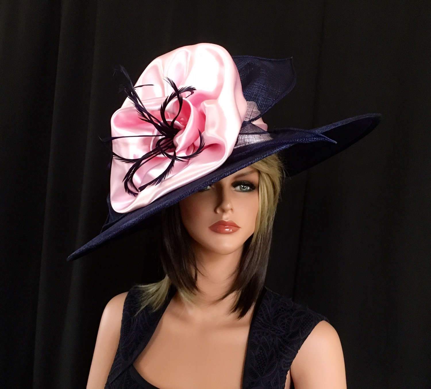 Kentucky Derby hat. Royal Ascot .Formal hat. Navy blue and pink hat for Del Mar races, wedding or other occasions. Couture hat, designer hat