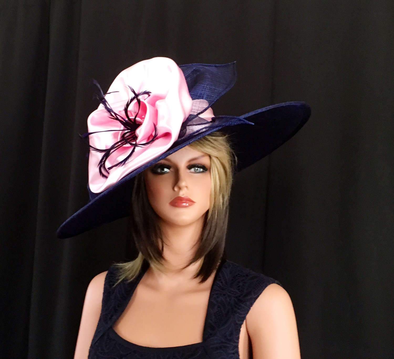 Kentucky Derby hat. Royal Ascot .Formal hat. Navy blue and pink hat for Del Mar races, wedding or other occasions. Couture hat, designer hat