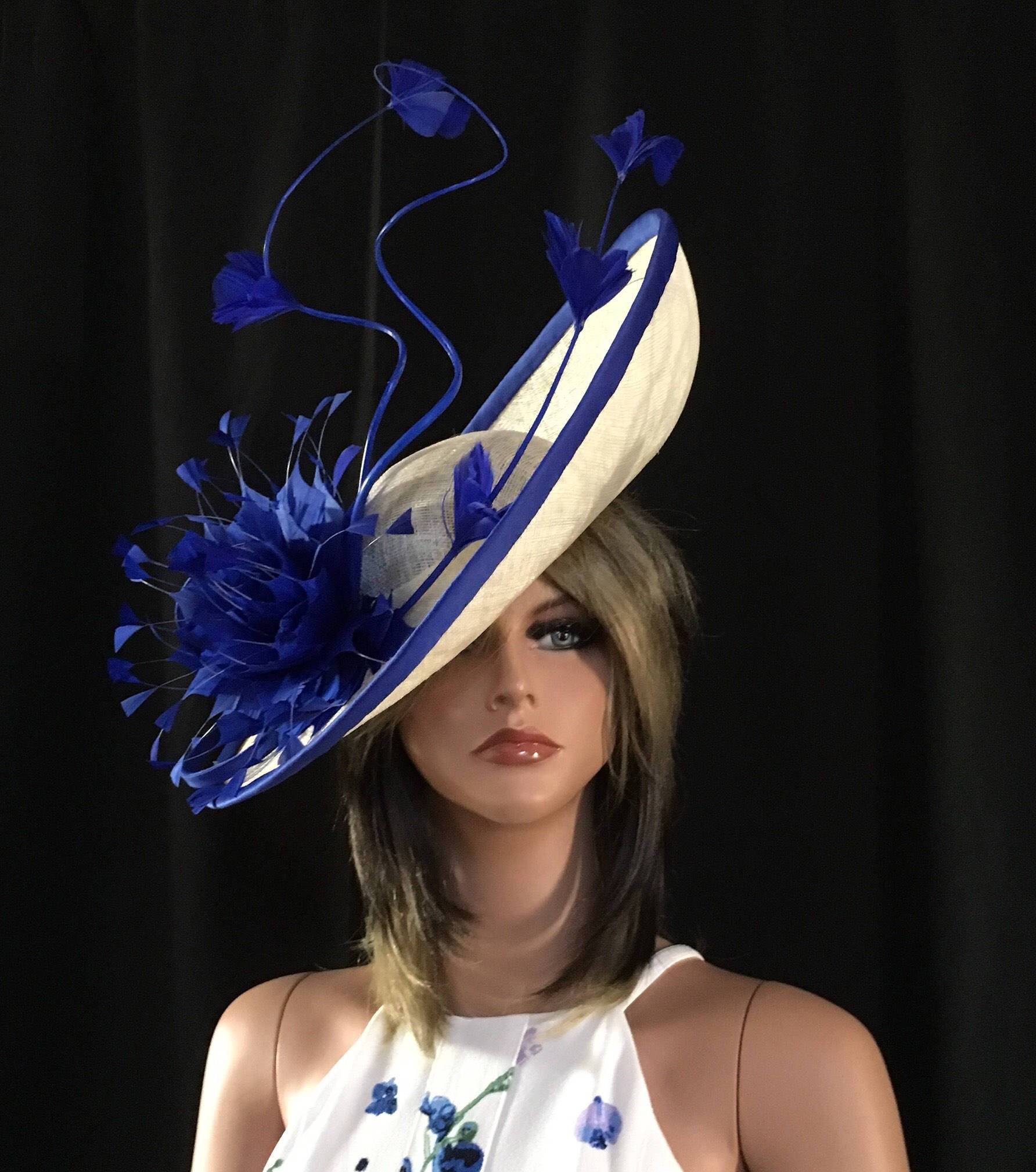 2018 collection.Designer fascinator. Ivory fascinator. Royal blue hat. Kentucky Derby hat. Derby hat. Fascinator. Royal Ascot. Wedding.