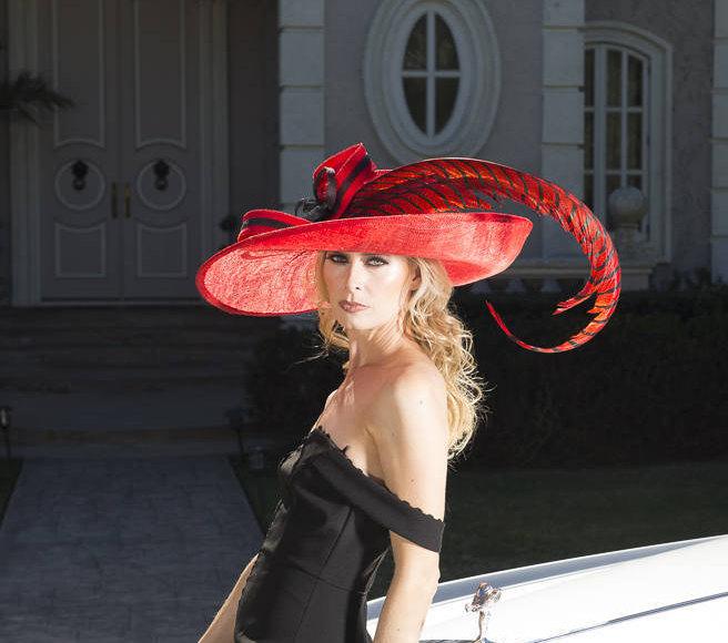 2018 collection. Designer hat. Red hat. Kentucky Derby hat. Derby hat. Royal Ascot hat. Fashion hat. Couture red hat. Fashion hat