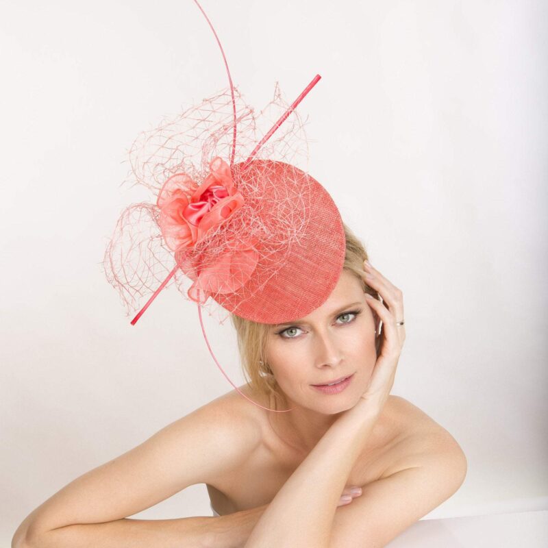 2018 collection.Coral Couture Fascinator.Percher hat. Cocktail hat. Derby hat. Kentucky Derby hat, Royal ascot. Designer hat.  Wedding hat.
