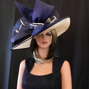 Natural/ beige & navy hat.2017 collection.2017 collection! Fashion Hat, Kentucky Derby hat, Royal Ascot hat, , Couture hat, Breeders cup hat