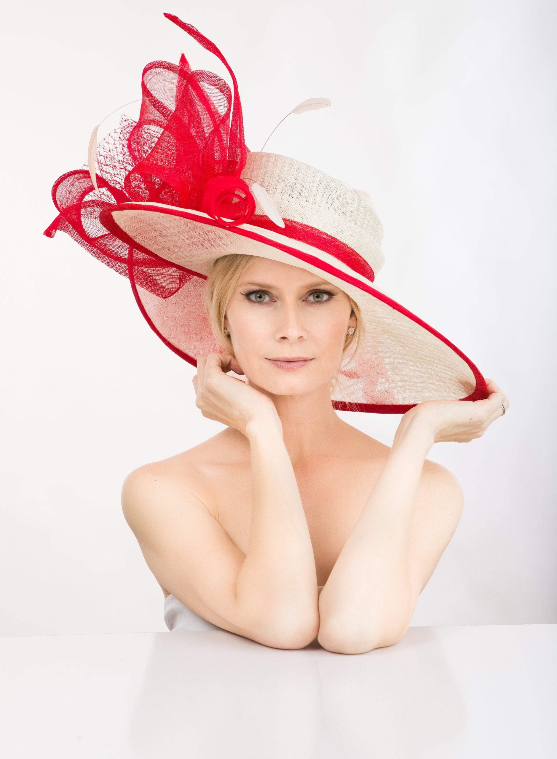2018 collection. Kentucky Derby red hat, ivory hat, , Red Derby hat, women hat, Royal Ascot hat, couture fashion hat, formal hat, wedding, r