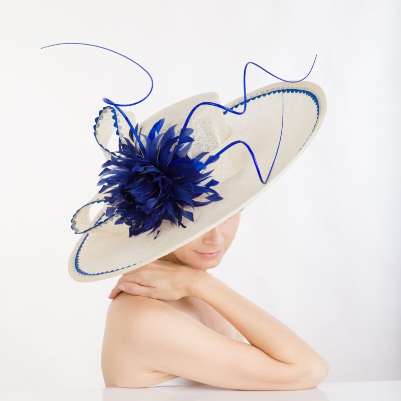 Spring 2019 !Royal blue hat. Ivory hat. Kentucky Derby hat. derby HAt. Royal Ascot hat. Fashion hat. Couture hat. Designer hat.
