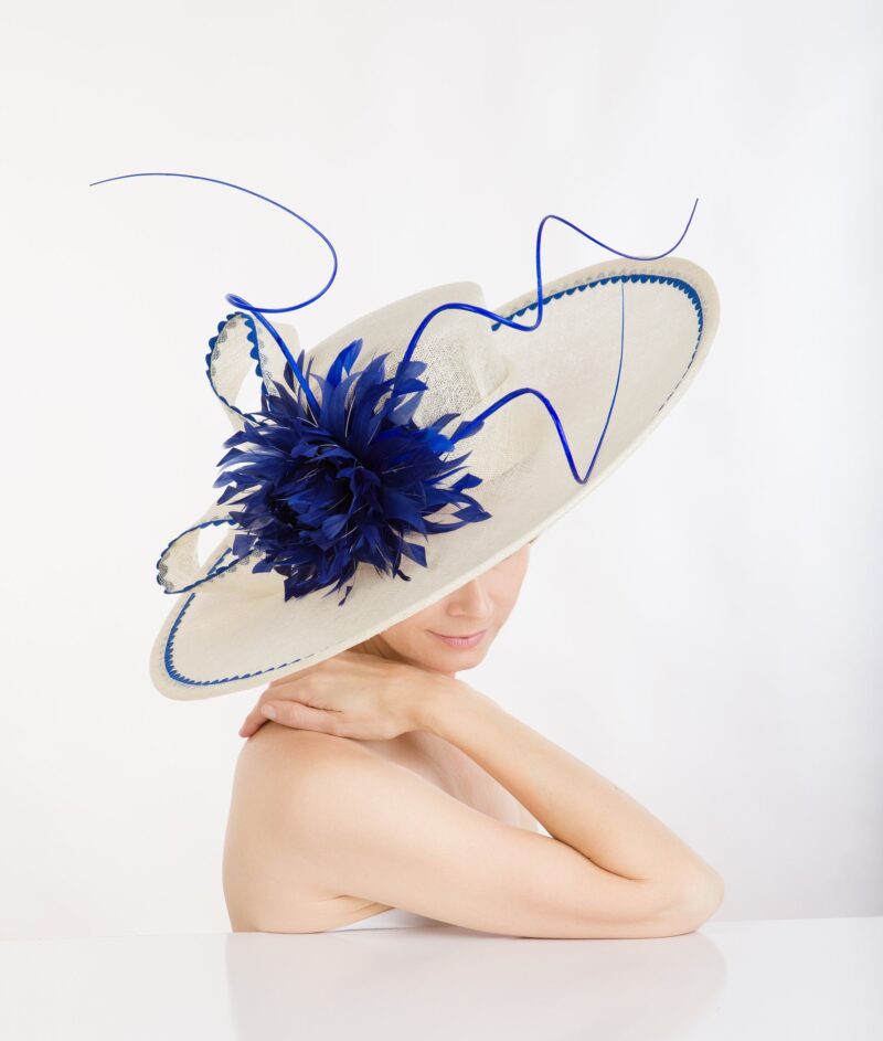 Spring 2019 !Royal blue hat. Ivory hat. Kentucky Derby hat. derby HAt. Royal Ascot hat. Fashion hat. Couture hat. Designer hat.