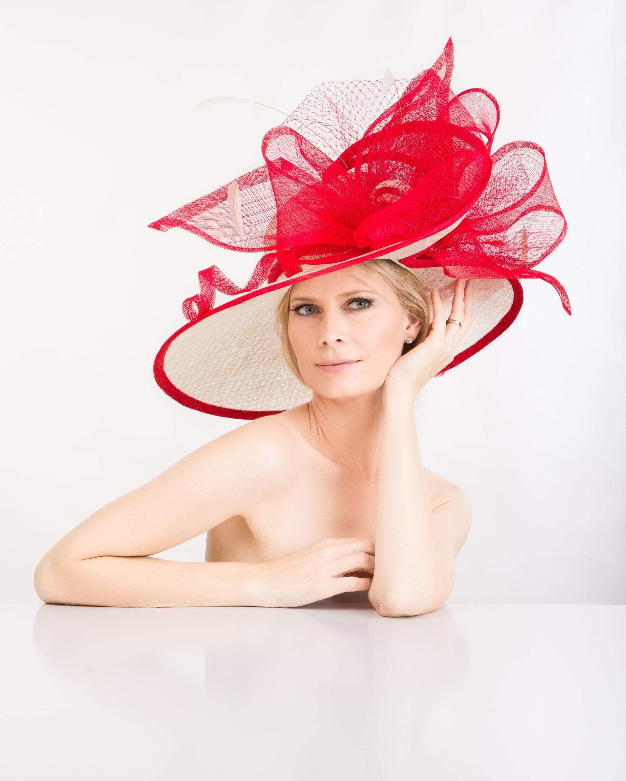 2018 collection. Kentucky Derby red hat, ivory hat, , Red Derby hat, women hat, Royal Ascot hat, couture fashion hat, formal hat, wedding, r