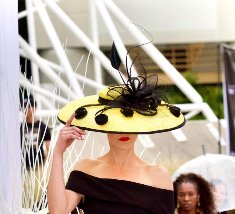 Spring 2020 !Yellow hat. Black hat. Kentucky Derby hat. derby HAt. Royal Ascot hat. Fashion hat. Couture hat. Designer hat.