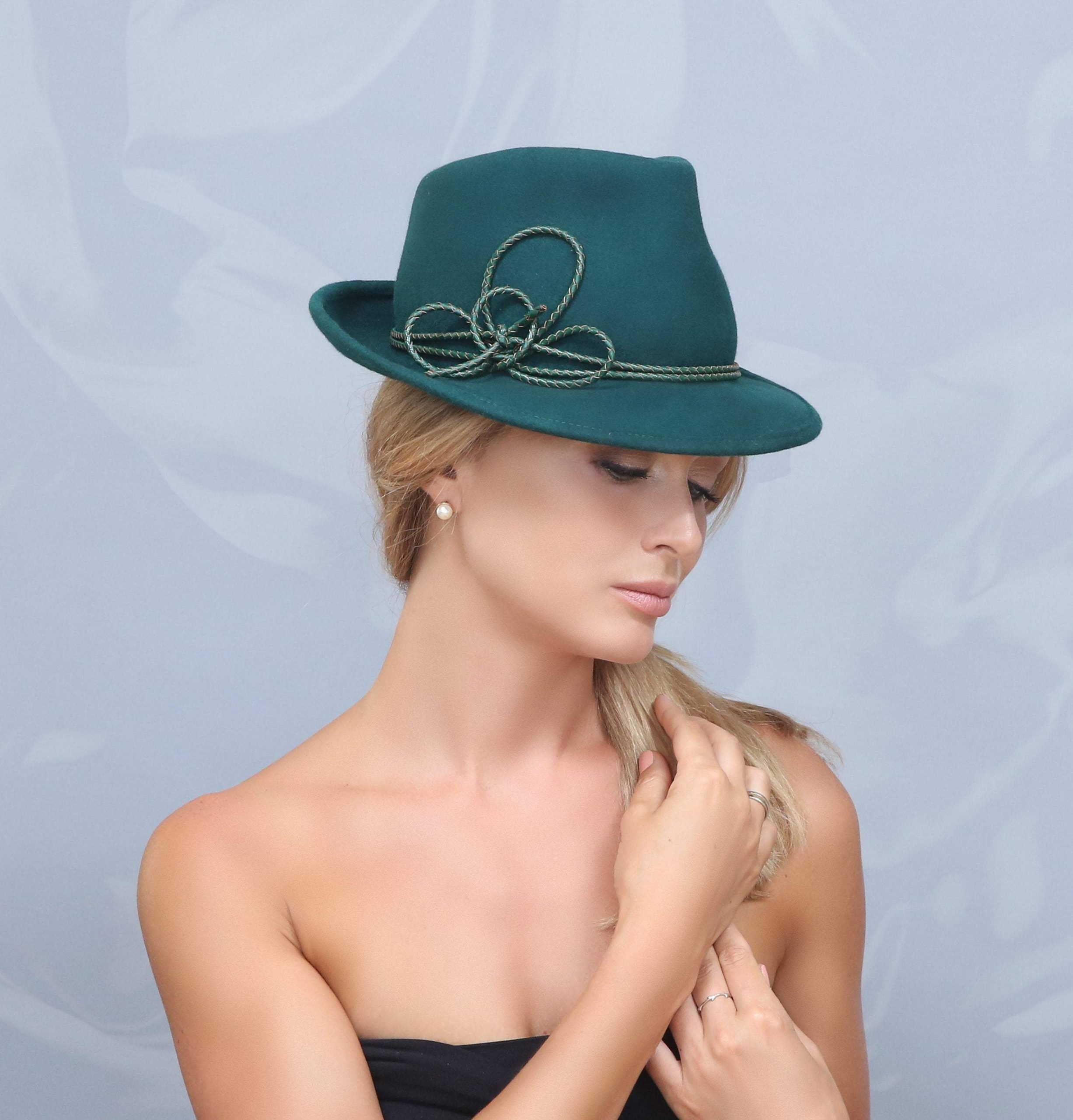 Green hat. Felt hat. Winter hat. Fall hat. Couture hat. Designer hat. Fedora. Derby hat. Fashion hat. Hunter green hat.