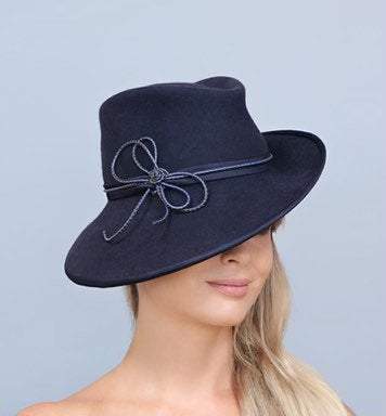 Kentucky  derby hat. Fedora hat. Frlt hat. Blue hat. Navy hat. Wool hat. Fashion hat. Designer hat