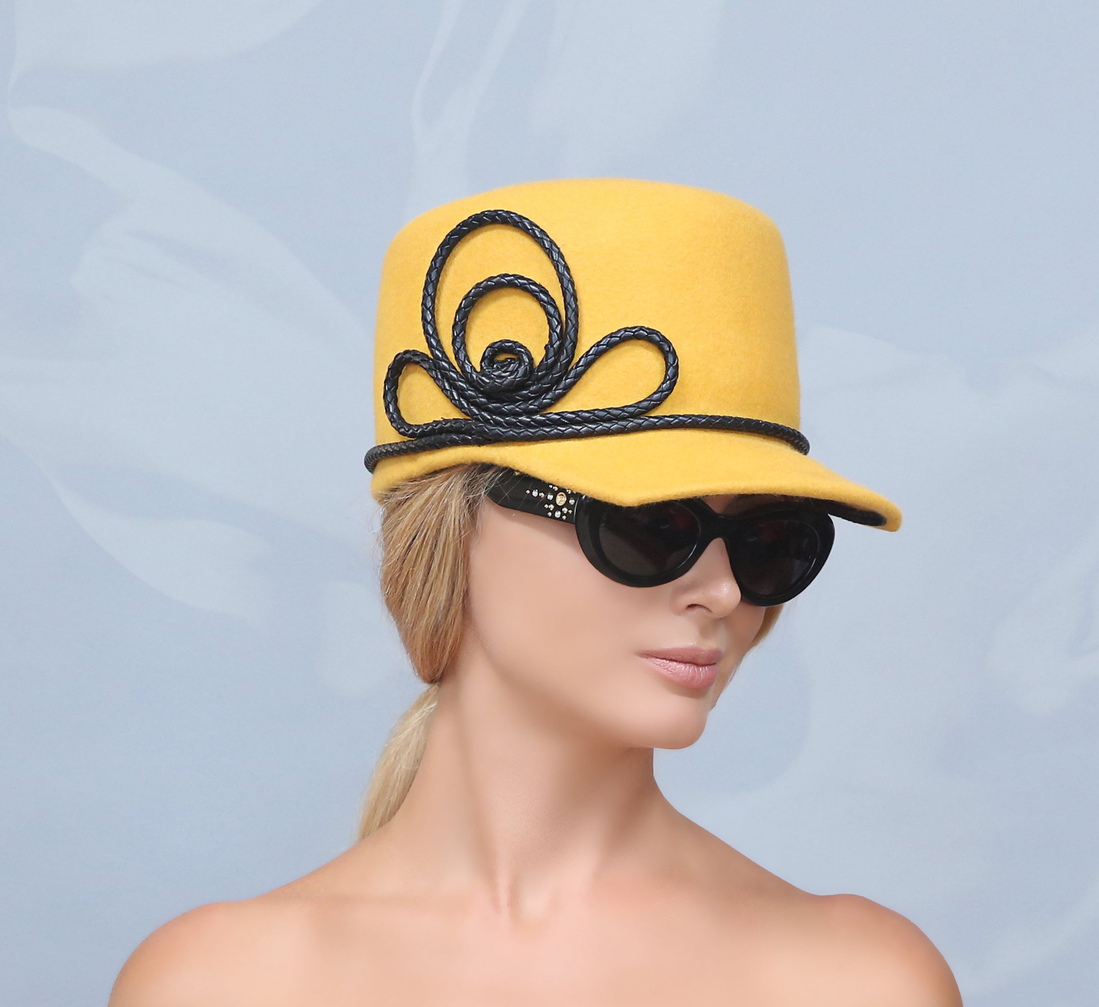 20/20 collection! yellow hat, Mustard hat. Felt het. Baseball hat. winter hat. fall hat. Derby hat. Couture hat. Stylish hat. Designer hat