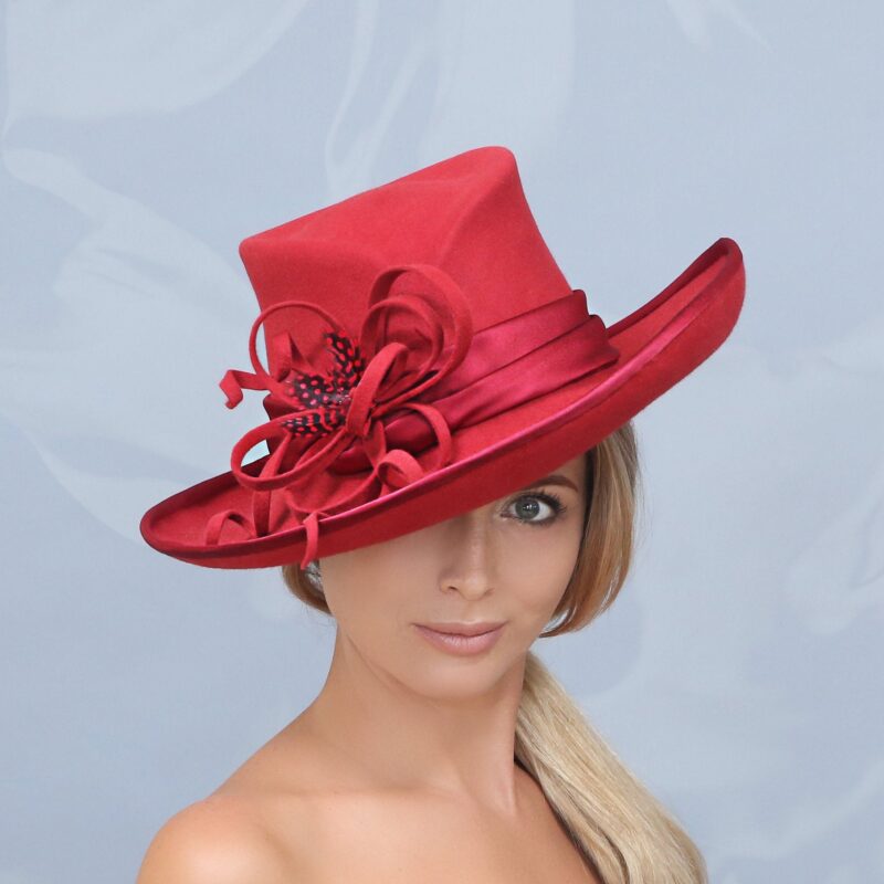 20/20 collection. Red hat. Fall hat. Winter hat. Felt hat. Fedora. Kentucky Derby hat. Designer hat. Fashion hat. Derby hat. Women hat