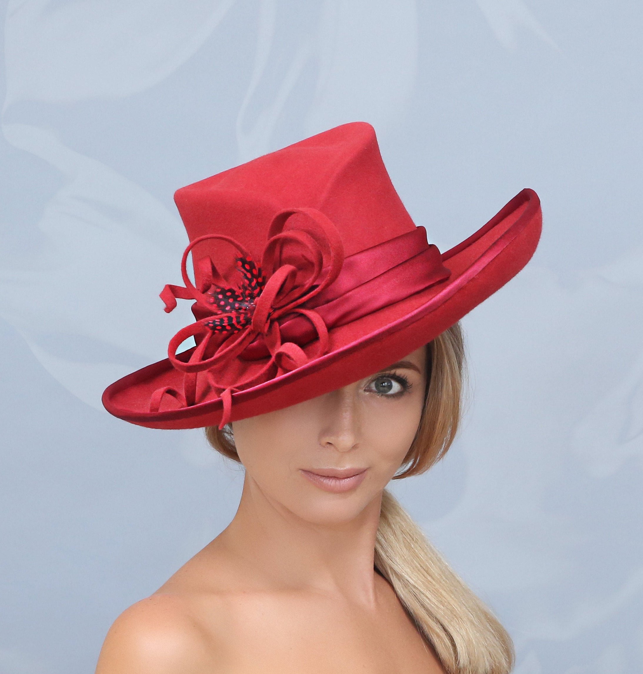 20/20 collection. Red hat. Fall hat. Winter hat. Felt hat. Fedora. Kentucky Derby hat. Designer hat. Fashion hat. Derby hat. Women hat