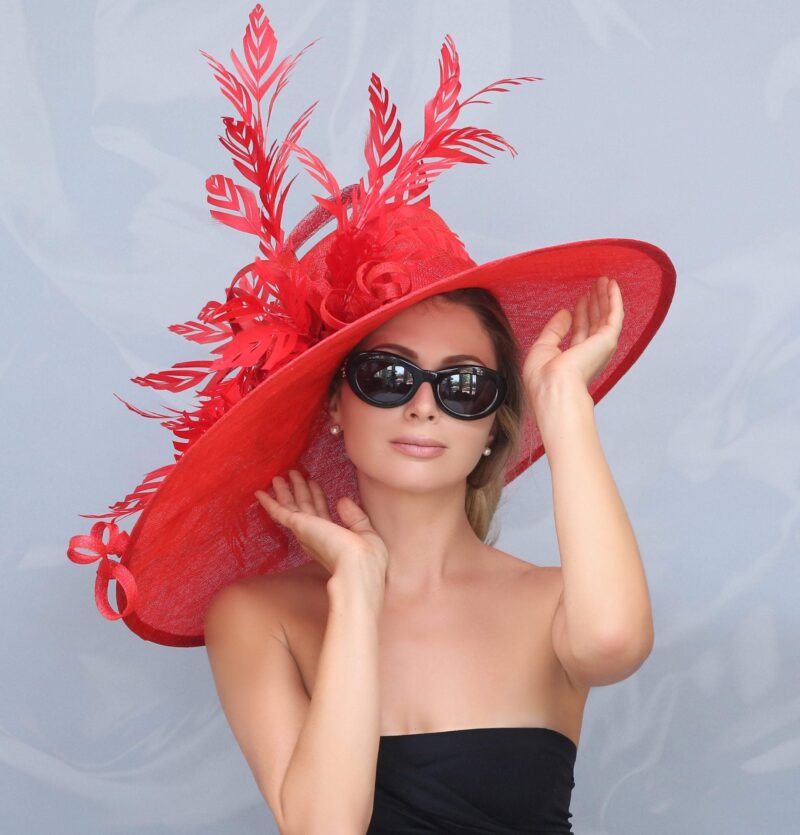 Kentucky Drbya hat, Royal Ascot hat. Derby hat. Breeder cup . Preackness. Conquer d'Elegance. Cars. Hats. Horse race. Designer hat. Red hat