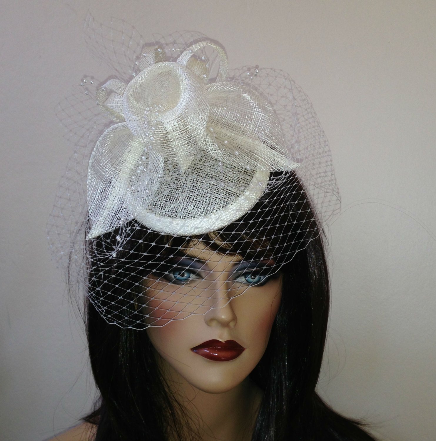 Bridal , Kentucky Derby, Bridesmade Fascinator  with Calla lillies, pearls and a veil.  Ivory hat.Wedding hair accessory