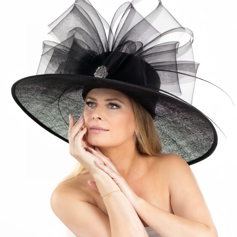 Bold Black Kentucky Derby day fashion luxurious hat.