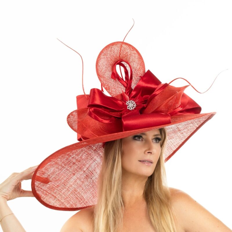 Red large brim Kentucky Derby hat