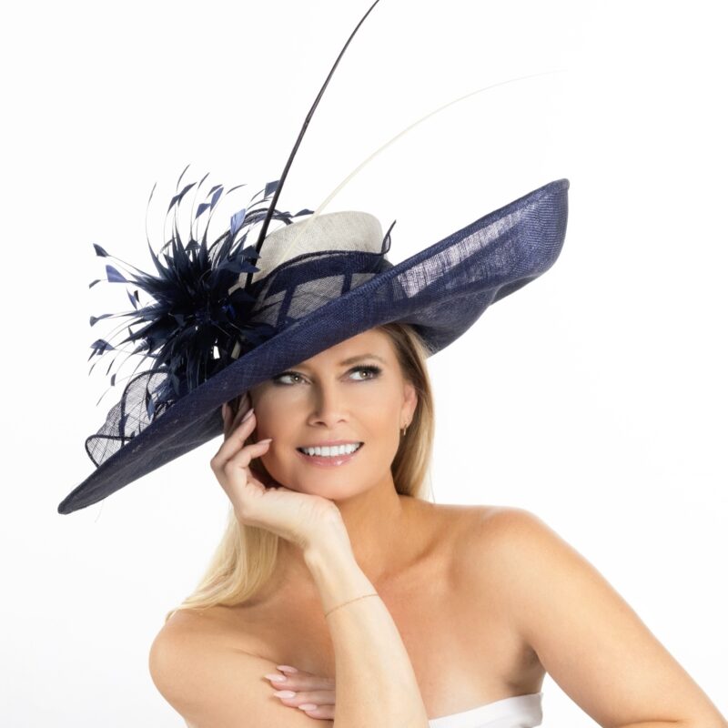 Derby day fashionable navy white hat