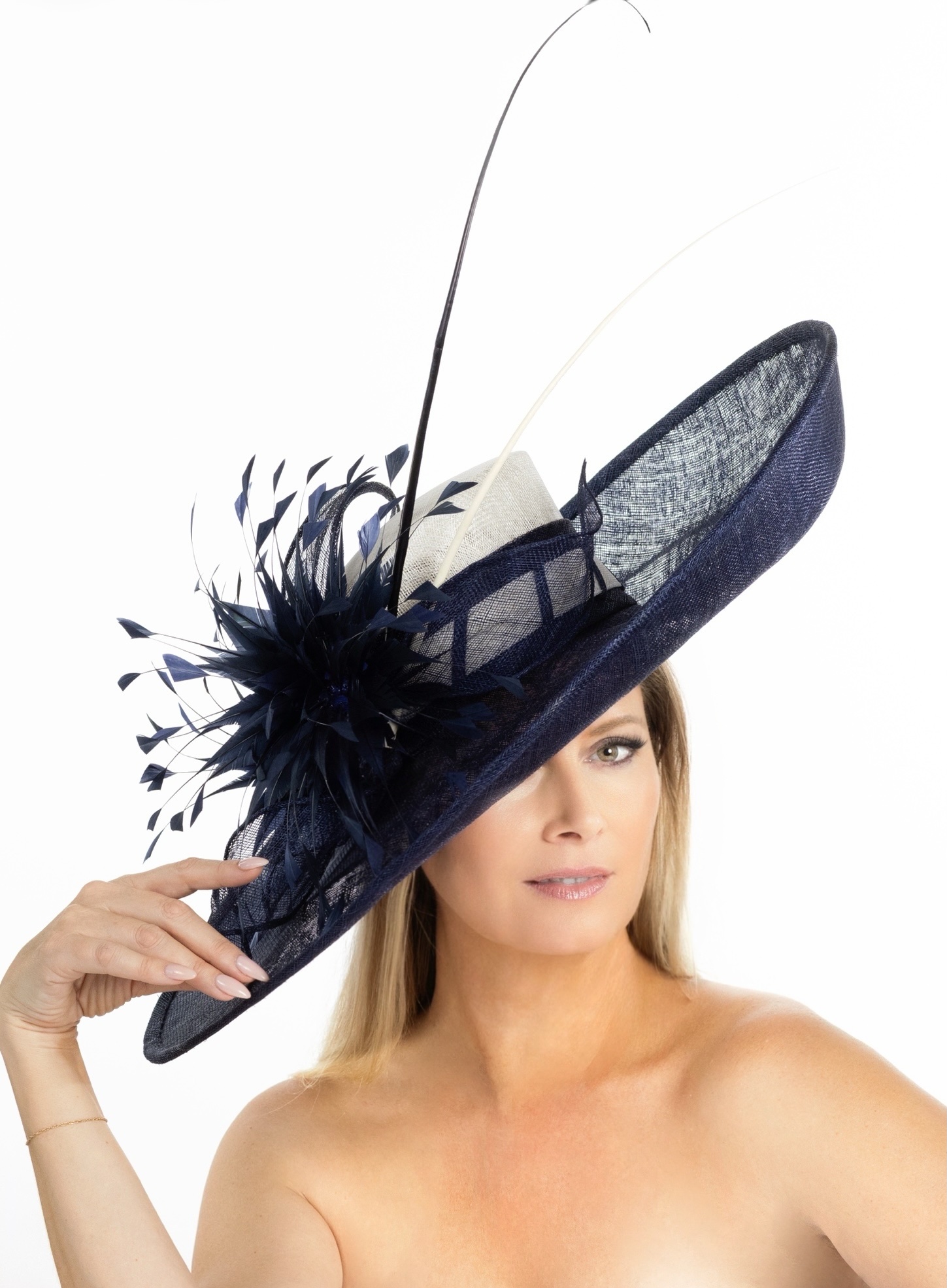 Derby day fashionable navy white hat - Image 5